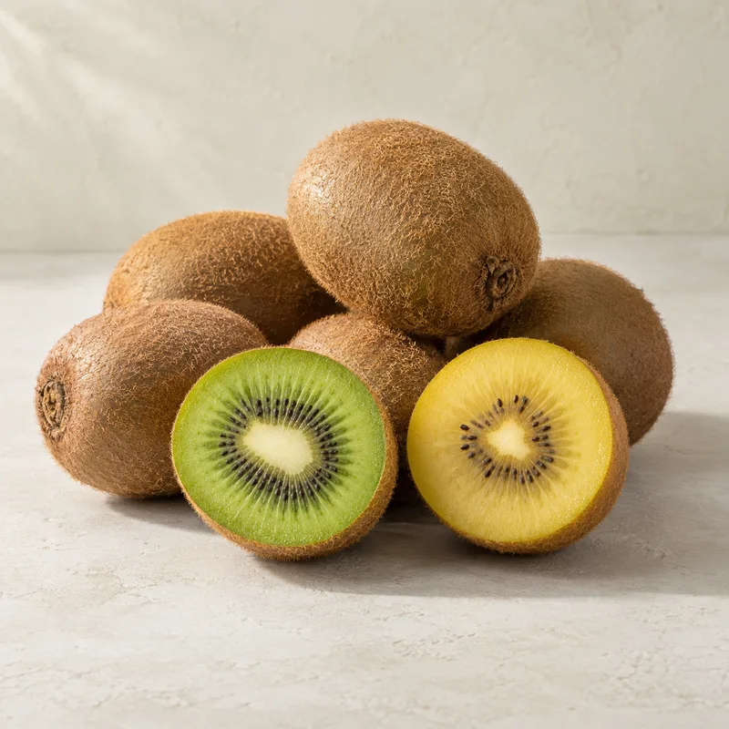 Kiwi nguyên trái và mặt cắt ruột xanh minh họa nhóm kiwi nhập khẩu